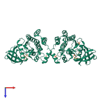 Homo dimeric assembly 3 of PDB entry 4wov coloured by chemically distinct molecules, top view.