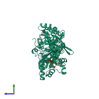 Hetero dimeric assembly 1 of PDB entry 4wvj coloured by chemically distinct molecules, side view.