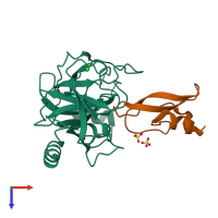 Hetero dimeric assembly 1 of PDB entry 4wxv coloured by chemically distinct molecules, top view.