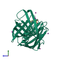 Monomeric assembly 1 of PDB entry 4xqw coloured by chemically distinct molecules, side view.