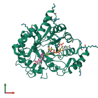 Monomeric assembly 1 of PDB entry 4xzl coloured by chemically distinct molecules, front view.