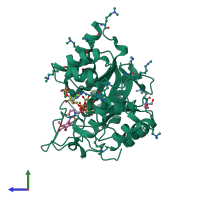 Monomeric assembly 1 of PDB entry 4xzl coloured by chemically distinct molecules, side view.