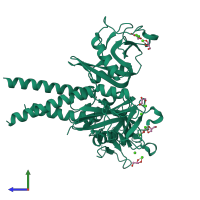 Homo trimeric assembly 2 of PDB entry 4yli coloured by chemically distinct molecules, side view.