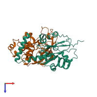 Hetero dimeric assembly 1 of PDB entry 4zgj coloured by chemically distinct molecules, top view.