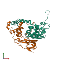 Hetero dimeric assembly 4 of PDB entry 4zgj coloured by chemically distinct molecules, front view.