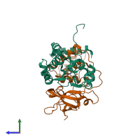 Hetero dimeric assembly 4 of PDB entry 4zgj coloured by chemically distinct molecules, side view.