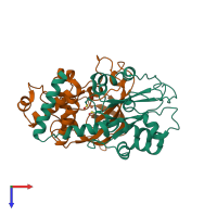 Hetero dimeric assembly 4 of PDB entry 4zgj coloured by chemically distinct molecules, top view.