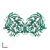 Homo dimeric assembly 1 of PDB entry 4zhk coloured by chemically distinct molecules, front view.