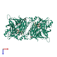 Homo dimeric assembly 1 of PDB entry 4zhk coloured by chemically distinct molecules, top view.