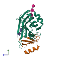 PDB entry 4zkc coloured by chain, side view.