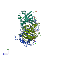 PDB entry 4zyb coloured by chain, side view.