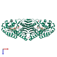 Homo dimeric assembly 2 of PDB entry 5a02 coloured by chemically distinct molecules, top view.