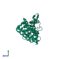 Monomeric assembly 2 of PDB entry 5a36 coloured by chemically distinct molecules, side view.