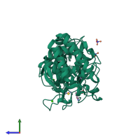 Monomeric assembly 1 of PDB entry 5a3y coloured by chemically distinct molecules, side view.