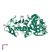 Monomeric assembly 1 of PDB entry 5a3y coloured by chemically distinct molecules, top view.