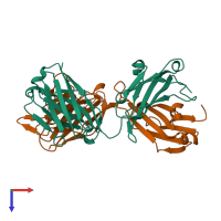 Hetero dimeric assembly 2 of PDB entry 5b4m coloured by chemically distinct molecules, top view.