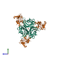 Hetero hexameric assembly 1 of PDB entry 5bnq coloured by chemically distinct molecules, side view.