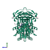 Homo dimeric assembly 1 of PDB entry 5bwv coloured by chemically distinct molecules, side view.