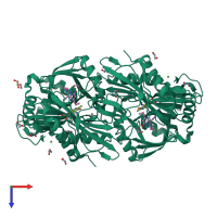 Homo dimeric assembly 1 of PDB entry 5bwv coloured by chemically distinct molecules, top view.