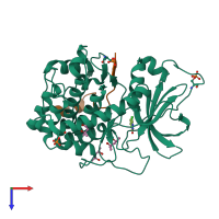 Hetero dimeric assembly 1 of PDB entry 5bx6 coloured by chemically distinct molecules, top view.