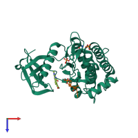 Hetero dimeric assembly 1 of PDB entry 5c26 coloured by chemically distinct molecules, top view.