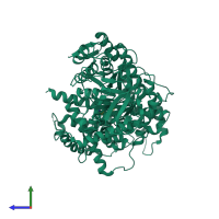 Monomeric assembly 1 of PDB entry 5cew coloured by chemically distinct molecules, side view.