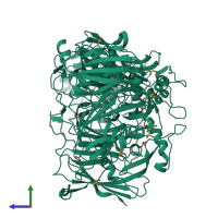 Homo trimeric assembly 1 of PDB entry 5d4j coloured by chemically distinct molecules, side view.