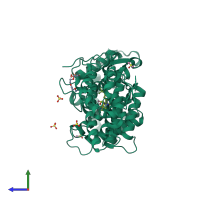 Monomeric assembly 1 of PDB entry 5ddf coloured by chemically distinct molecules, side view.