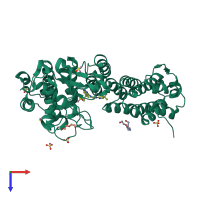 Monomeric assembly 1 of PDB entry 5ddf coloured by chemically distinct molecules, top view.