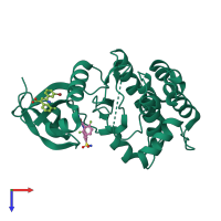 Monomeric assembly 1 of PDB entry 5dpv coloured by chemically distinct molecules, top view.