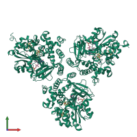 Homo trimeric assembly 1 of PDB entry 5dqr coloured by chemically distinct molecules, front view.