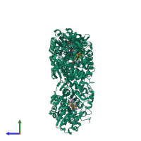 Homo trimeric assembly 1 of PDB entry 5dqr coloured by chemically distinct molecules, side view.