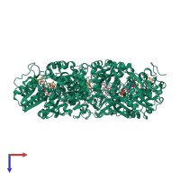 Homo trimeric assembly 2 of PDB entry 5dqr coloured by chemically distinct molecules, top view.