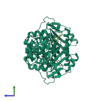 Homo dimeric assembly 1 of PDB entry 5dts coloured by chemically distinct molecules, side view.