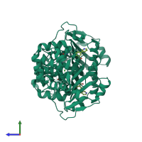 Homo dimeric assembly 3 of PDB entry 5dts coloured by chemically distinct molecules, side view.