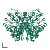 Homo dimeric assembly 1 of PDB entry 5eu9 coloured by chemically distinct molecules, front view.