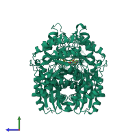 Homo dimeric assembly 1 of PDB entry 5eu9 coloured by chemically distinct molecules, side view.