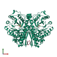 Homo dimeric assembly 2 of PDB entry 5eu9 coloured by chemically distinct molecules, front view.