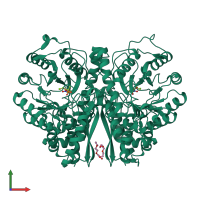 Homo dimeric assembly 3 of PDB entry 5eu9 coloured by chemically distinct molecules, front view.