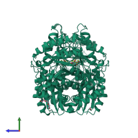 Homo dimeric assembly 3 of PDB entry 5eu9 coloured by chemically distinct molecules, side view.