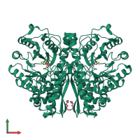 Homo dimeric assembly 4 of PDB entry 5eu9 coloured by chemically distinct molecules, front view.