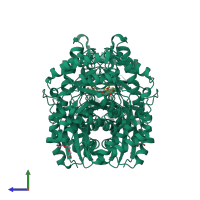 Homo dimeric assembly 4 of PDB entry 5eu9 coloured by chemically distinct molecules, side view.