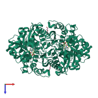 Homo dimeric assembly 4 of PDB entry 5eu9 coloured by chemically distinct molecules, top view.