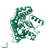 Monomeric assembly 2 of PDB entry 5f34 coloured by chemically distinct molecules, side view.