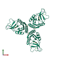 Homo trimeric assembly 1 of PDB entry 5ffr coloured by chemically distinct molecules, front view.