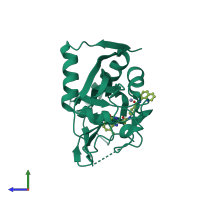 Monomeric assembly 1 of PDB entry 5fpg coloured by chemically distinct molecules, side view.