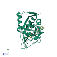 Monomeric assembly 2 of PDB entry 5fpg coloured by chemically distinct molecules, side view.