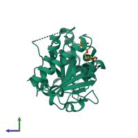 Monomeric assembly 1 of PDB entry 5fsy coloured by chemically distinct molecules, side view.