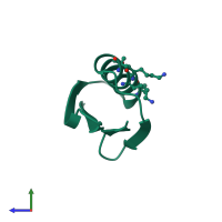 Monomeric assembly 6 of PDB entry 5hi1 coloured by chemically distinct molecules, side view.