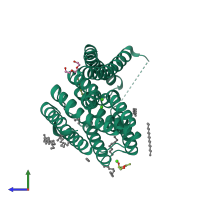 Monomeric assembly 1 of PDB entry 5hxr coloured by chemically distinct molecules, side view.